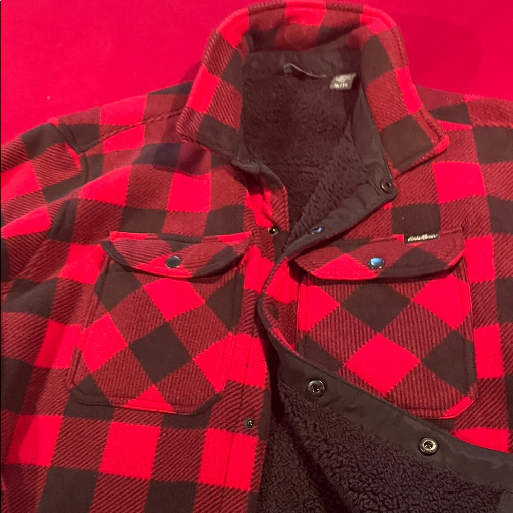 Eddie Bauer Men's Red and Black Plaid Shirt Jacket